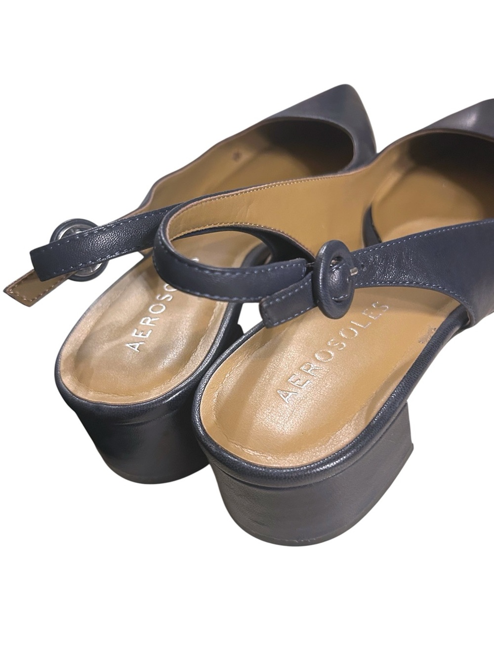 Navy Leather Pointed Toe Slingback Thick 2” Block Heels Size 11 - Picture 9 of 16
